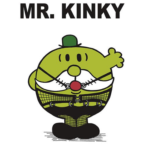 bdsm basics kink workshop learn about bondage and kinky play [image description: a cartoon of a green, round man with a white moustache in fishnet pantyhose and a ball gag waving. It is titled "Mr. Kinky"]
